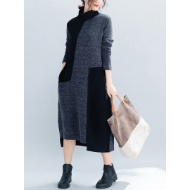 Women Vintage Patchwork Knit Funnel Neck Loose Dress for Vintage Dresses