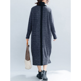 Women Vintage Patchwork Knit Funnel Neck Loose Dress for Vintage Dresses