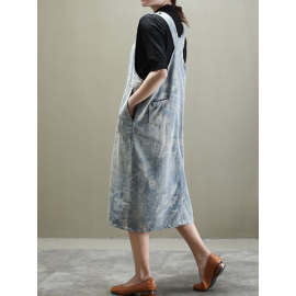 Vintage Floral Printed Patchwork Suspender Mid-calf Denim Dress for Vintage Dresses