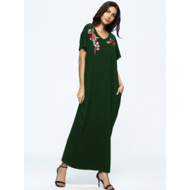 Loose Floral Embroidered Short Sleeve V-neck Maxi Dress For Women for Print Dresses