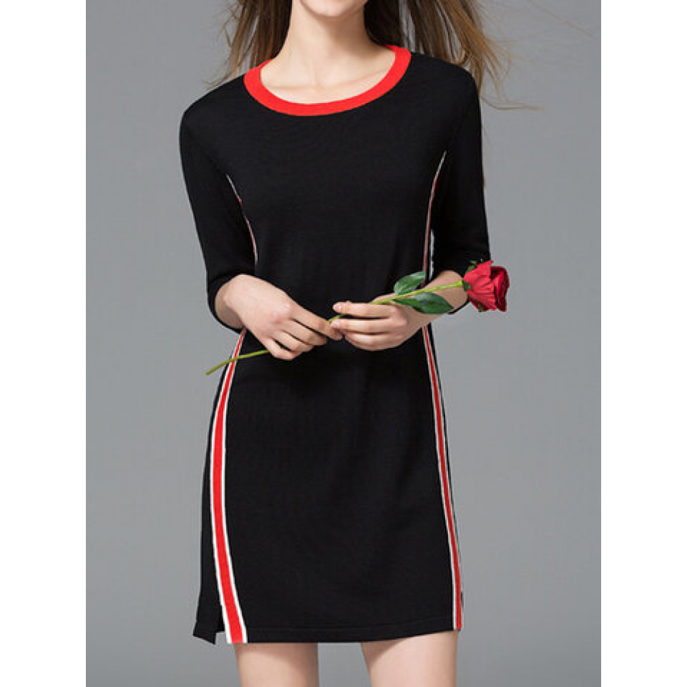 Striped Contrast Color Patchwork 3/4 Sleeve Women Dresses for Vintage Dresses