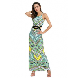 Bohemian Print Hollow Split Sleeveless Maxi Dress For Women for Print Dresses