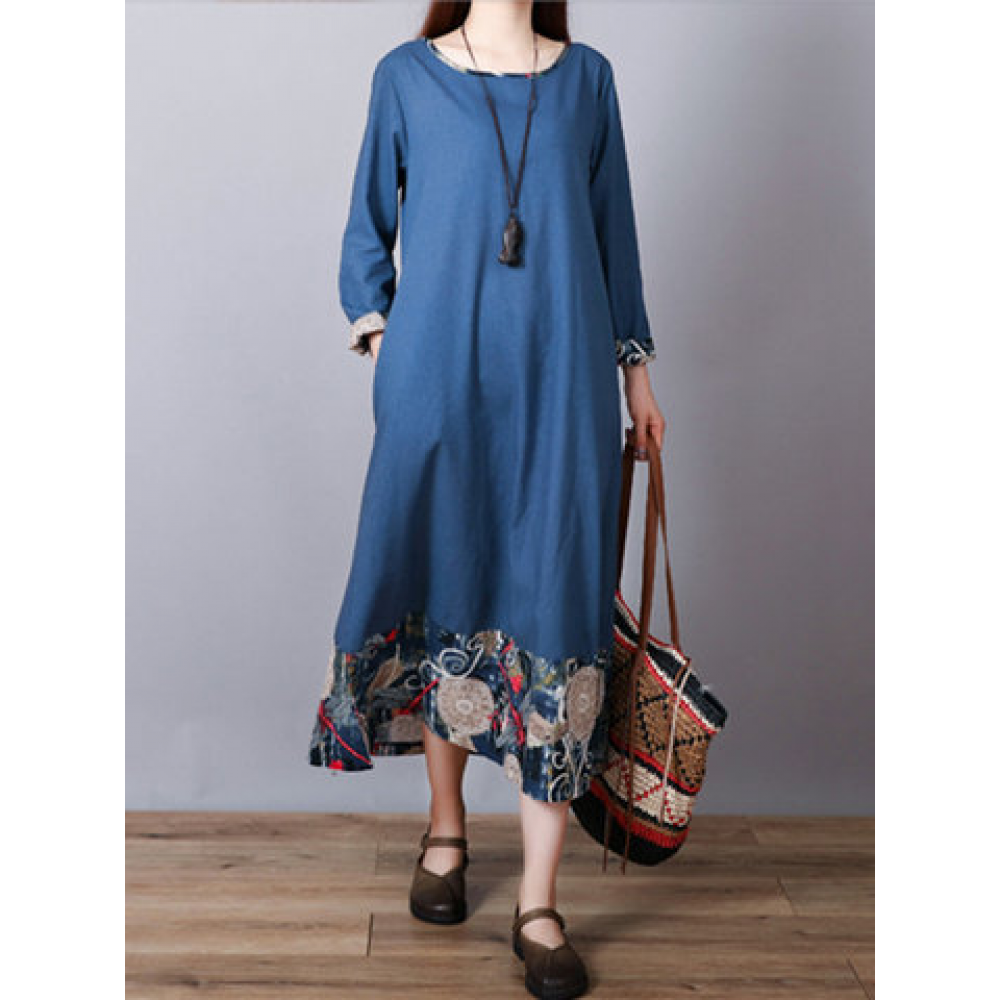 Print Patchwork Long Sleeve Loose Vintage Dresses for Print Dresses