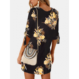 Floral Printed Half Sleeve O-neck Botanical Mini A-Line Dress for Print Dresses