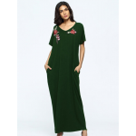 Loose Floral Embroidered Short Sleeve V-neck Maxi Dress For Women for Print Dresses