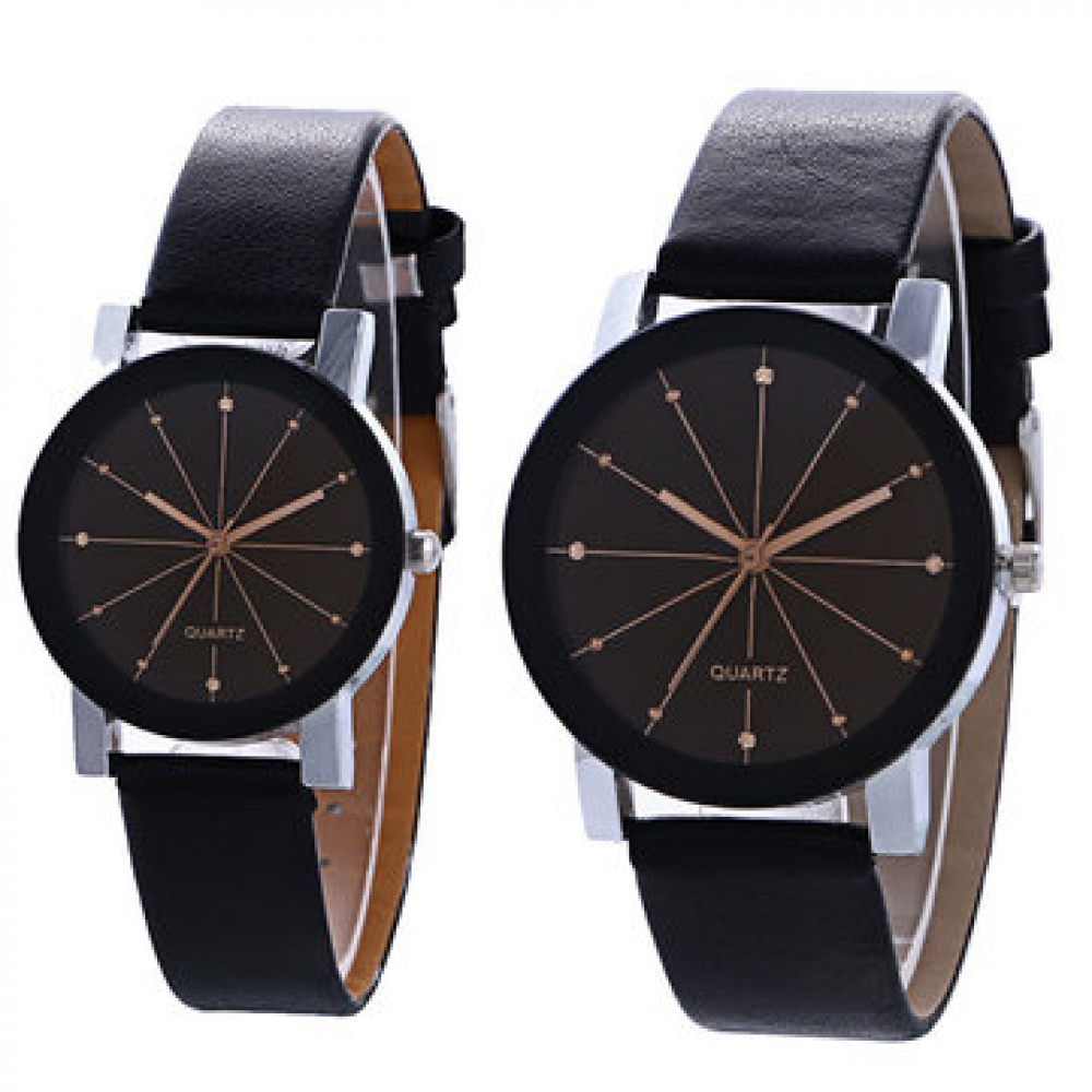 Casual Couple Quartz Wristwatch Convex Round Dial Meridian Leather Strap Watches for Women Men for Couple Watches