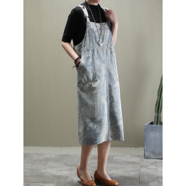 Vintage Floral Printed Patchwork Suspender Mid-calf Denim Dress for Vintage Dresses