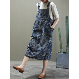 Vintage Floral Printed Patchwork Suspender Mid-calf Denim Dress for Vintage Dresses