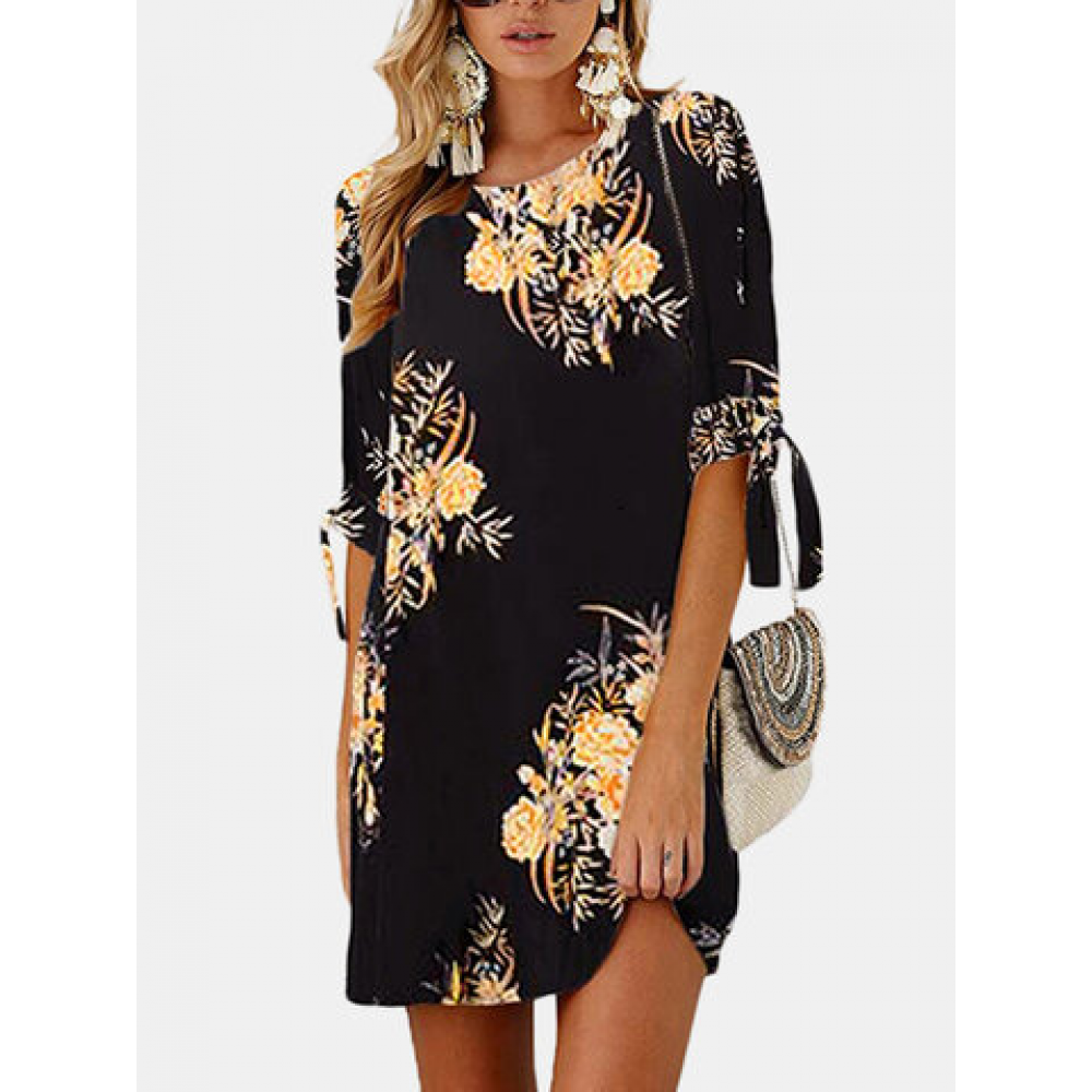 Floral Printed Half Sleeve O-neck Botanical Mini A-Line Dress for Print Dresses