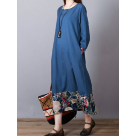 Print Patchwork Long Sleeve Loose Vintage Dresses for Print Dresses