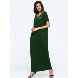 Loose Floral Embroidered Short Sleeve V-neck Maxi Dress For Women for Print Dresses